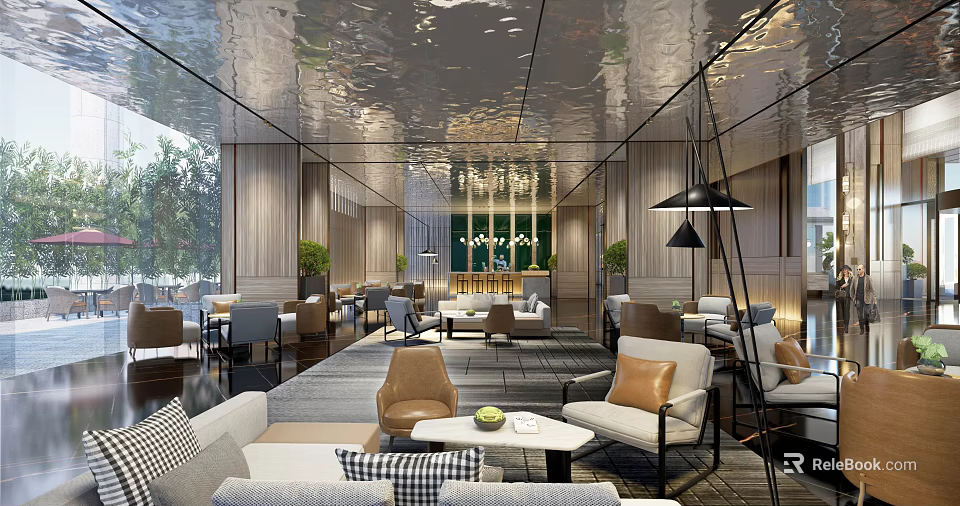 Modern Hotel Public Lounge Area With Sofas Armchairs Coffee Tables Plants And Lighting 3d model 