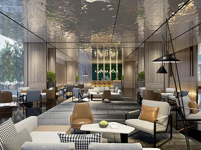 Modern Hotel Public Lounge Area With Sofas Armchairs Coffee Tables Plants And Lighting 3d model