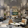 Modern Hotel Public Lounge Area With Sofas Armchairs Coffee Tables Plants And Lighting