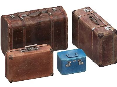 Vintage Leather Suitcases in Brown Blue with Various Sizes Metal Clasps Handles and Worn Texture 3d model