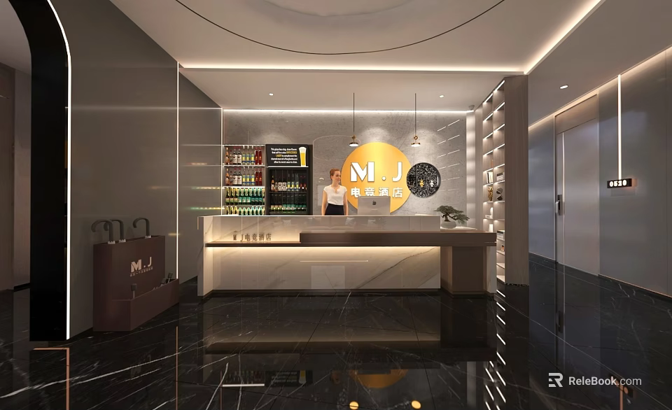 Modern Hotel Lobby With Reception Desk Marble Floor And Elegant Pendant Lighting Design 3d model 