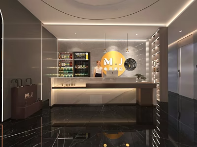 Modern Hotel Lobby With Reception Desk Marble Floor And Elegant Pendant Lighting Design 3d model