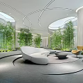Modern Front Desk Reception Area With Curved Sofa Green Plants And Natural Lighting
