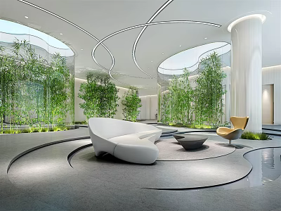 Modern Front Desk Reception Area With Curved Sofa Green Plants And Natural Lighting 3d model