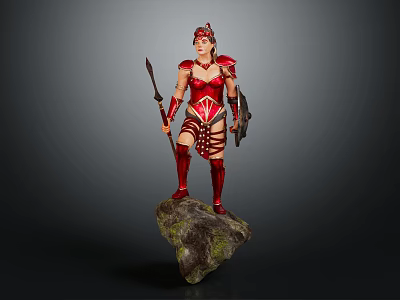 Red Armored Female Warrior Standing On Mossy Rock With Spear And Shield 3d model