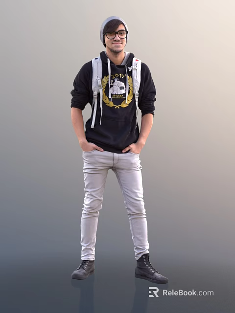 Man Wearing Black Hoodie With Gold Crest And Light Gray Jeans Hands In Pockets 3d model 