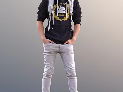 Man Wearing Black Hoodie With Gold Crest And Light Gray Jeans Hands In Pockets 3d model