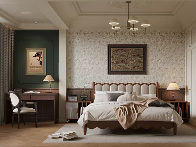 Elegant Bedroom Interior Design With Bed Pillows Blanket Wallpaper Artwork Desk Chandelier And Table Lamps 3d model