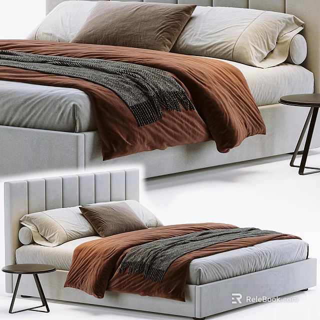 Comfortable Double Bed With White Headboard Brown Gray Blankets And Side Table 3d model