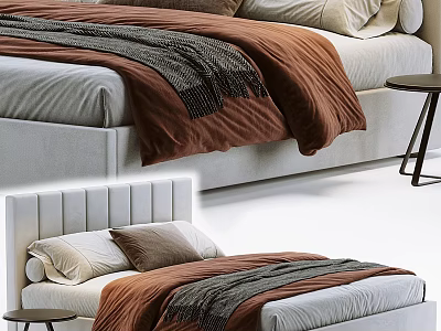 Comfortable Double Bed With White Headboard Brown Gray Blankets And Side Table 3d model