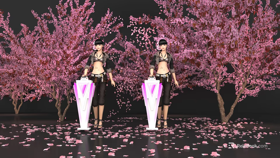 Two Female Figures With Purple V Stands Among Pink Cherry Blossom Trees And Scattered Petals 3d model 