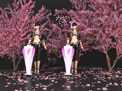 Two Female Figures With Purple V Stands Among Pink Cherry Blossom Trees And Scattered Petals 3d model