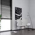 Modern Leisure Chair with Window Blinds Black and White Map Art Floor Lamp and Laptop