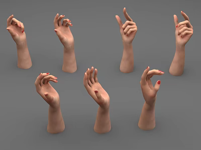 Realistic Human Hands In Different Gestures With Red Nail Polish And Natural Skin 3d model