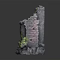 Medieval Style Decorative Castle Ornament Set With Ruined Walls Green Plants And Stone Base