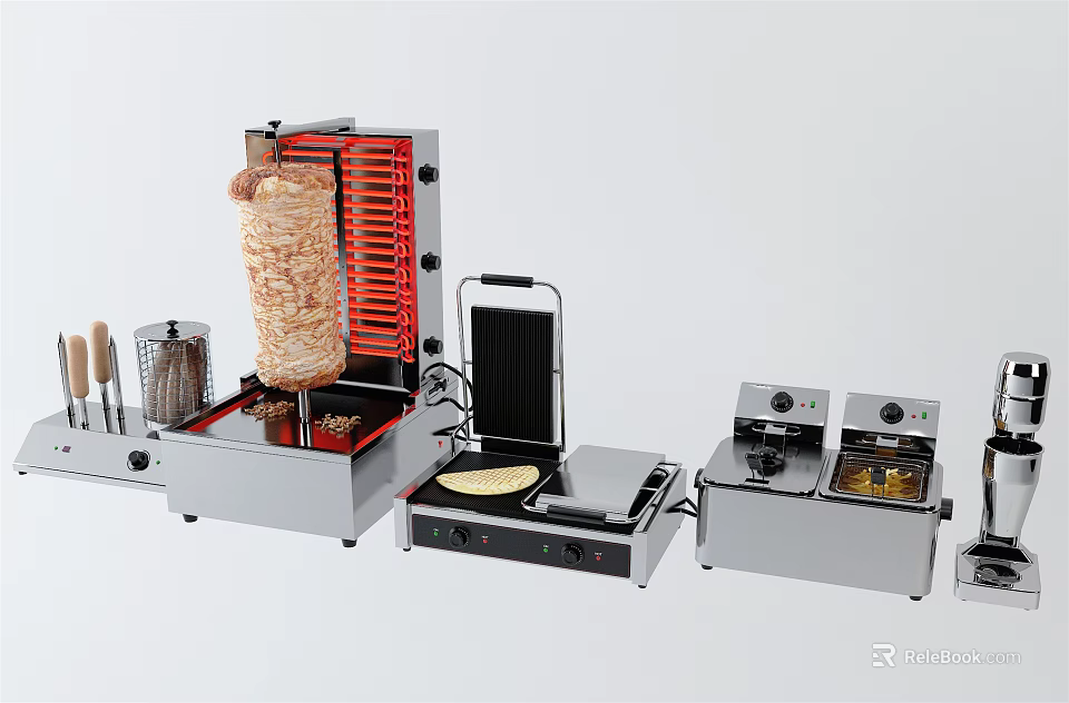 Commercial Kitchen Appliances Set With Doner Kebab Machine Waffle Maker And Fryer 3d model 