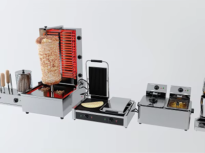 Commercial Kitchen Appliances Set With Doner Kebab Machine Waffle Maker And Fryer 3d model