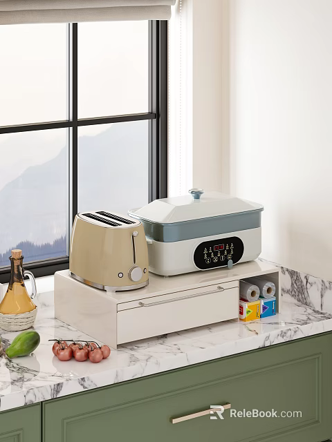 Modern Dinnerware Set with Beige Toaster White Cooker on Kitchen Countertop Near Mountain View Window 3d model 