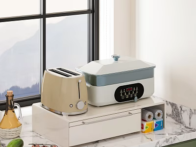 Modern Dinnerware Set with Beige Toaster White Cooker on Kitchen Countertop Near Mountain View Window 3d model