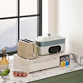 Modern Dinnerware Set with Beige Toaster White Cooker on Kitchen Countertop Near Mountain View Window
