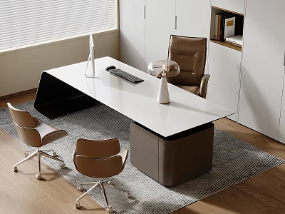 Modern Minimalist Office Desk And Chair Set With White Tabletop Brown Chairs Rug And Blinds 3d model