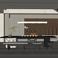 Modern Minimalist Tea Room Interior With Long Table Bench Stools Wooden Bookshelf And Pendant Light