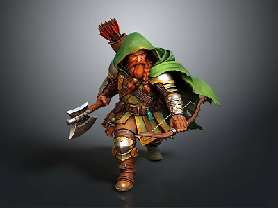 A Man In Green Cloak And Armor Holding Axe And Bow With Feathered Helmet 3d model