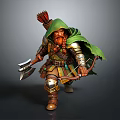A Man In Green Cloak And Armor Holding Axe And Bow With Feathered Helmet