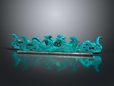 Turquoise Decorative Piece Featuring Flowing Wave Dragon Lines And Red Accents On Reflective Surface 3d model