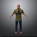 Bald Head Man Wearing Green Shirt Black Fanny Pack Blue Pants Barefoot Gray Background