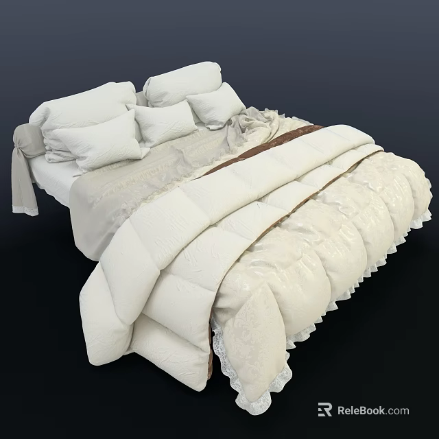 White Double Bed With Soft Pillows Cozy Quilt And Elegant Lace Trim 3d model 