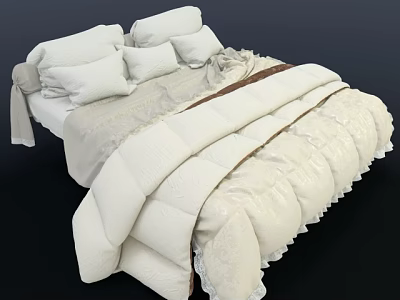 White Double Bed With Soft Pillows Cozy Quilt And Elegant Lace Trim 3d model