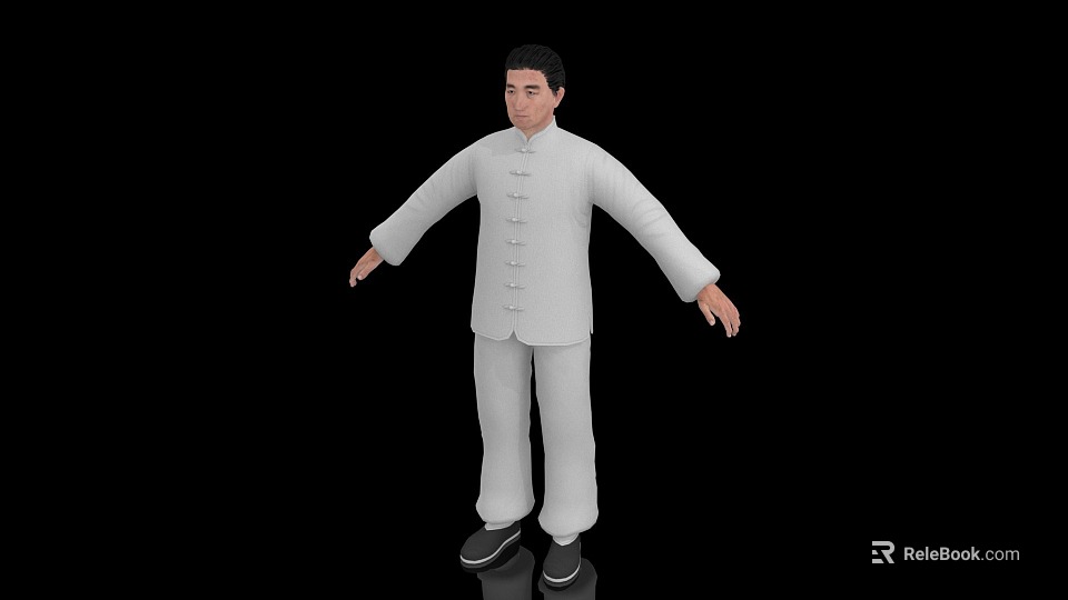 Man in White Traditional Outfit Standing with Extended Arms on Black Background 3d model 