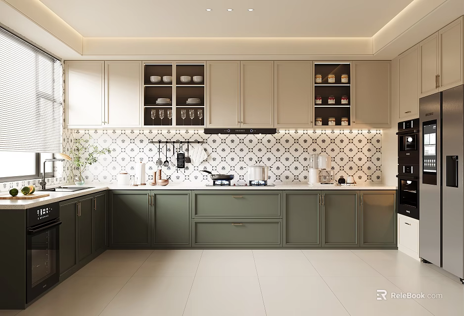 Modern Kitchen Interior With Green Cabinets White Tile Backsplash Open Shelves And Built in Appliances 3d model 