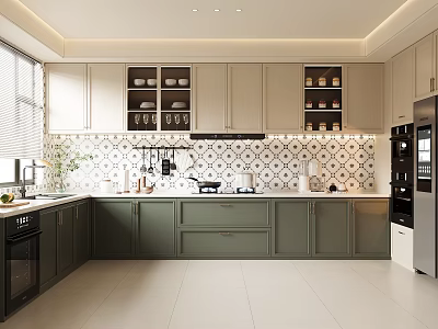 Modern Kitchen Interior With Green Cabinets White Tile Backsplash Open Shelves And Built in Appliances 3d model
