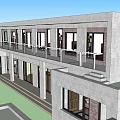 Two Story Building Exterior Design With Balcony Railings And Large Glass Windows