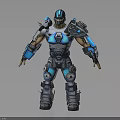 Blue and Silver Mechanical Warrior Character with Detailed Armor and Futuristic Design