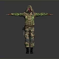 Man in camouflage uniform with hood tactical vest arms outstretched against neutral gray background