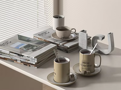 Stacked Modern Magazines With Coffee Mugs Saucers And Geometric Decor By Window Blinds 3d model