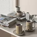Stacked Modern Magazines With Coffee Mugs Saucers And Geometric Decor By Window Blinds