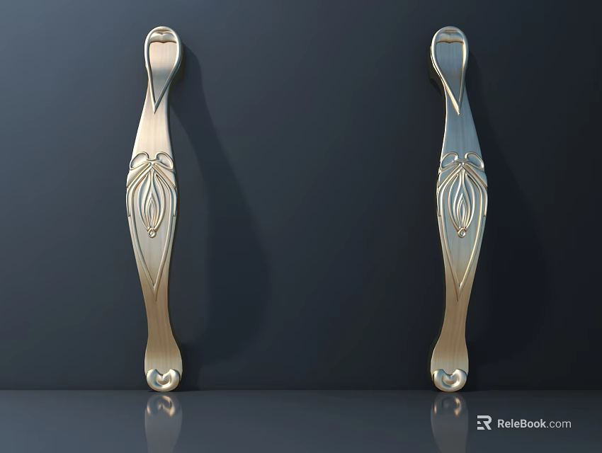 Shiny Brass Door Handles With Intricate Floral Patterns On Dark Background 3d model 