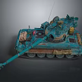 Detailed Turquoise Military Tank with Long Cannon Tracks Antennas and Equipment