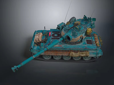 Detailed Turquoise Military Tank with Long Cannon Tracks Antennas and Equipment 3d model