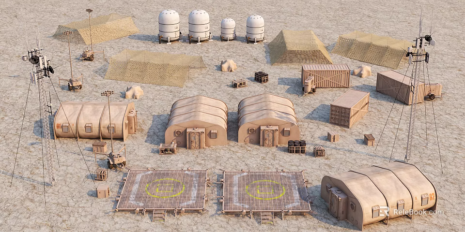 Desert Temporary Camp Setup With Domed Tents Water Tanks And Trucks 3d model 