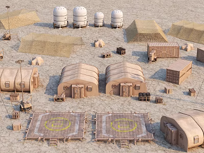 Desert Temporary Camp Setup With Domed Tents Water Tanks And Trucks 3d model