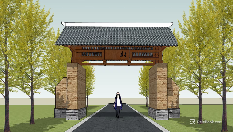 Traditional Village Entrance Gate With Wooden Structure Grey Tile Roof And Stone Pillars 3d model 