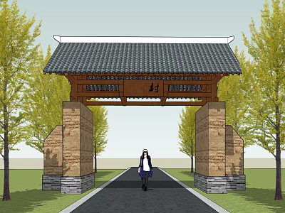 Traditional Village Entrance Gate With Wooden Structure Grey Tile Roof And Stone Pillars 3d model