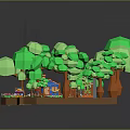 Cartoon Scene With Green Trees Small House Blue Car Pathway Pond And Colorful Flowers