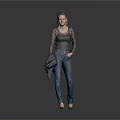 Fashionable Woman Wearing Gray Lace Sleeve Top Blue Jeans And Heels Holding Jacket