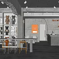Industrial Style Cafe Interior With Concrete Walls Orange Accents And Bar Counter